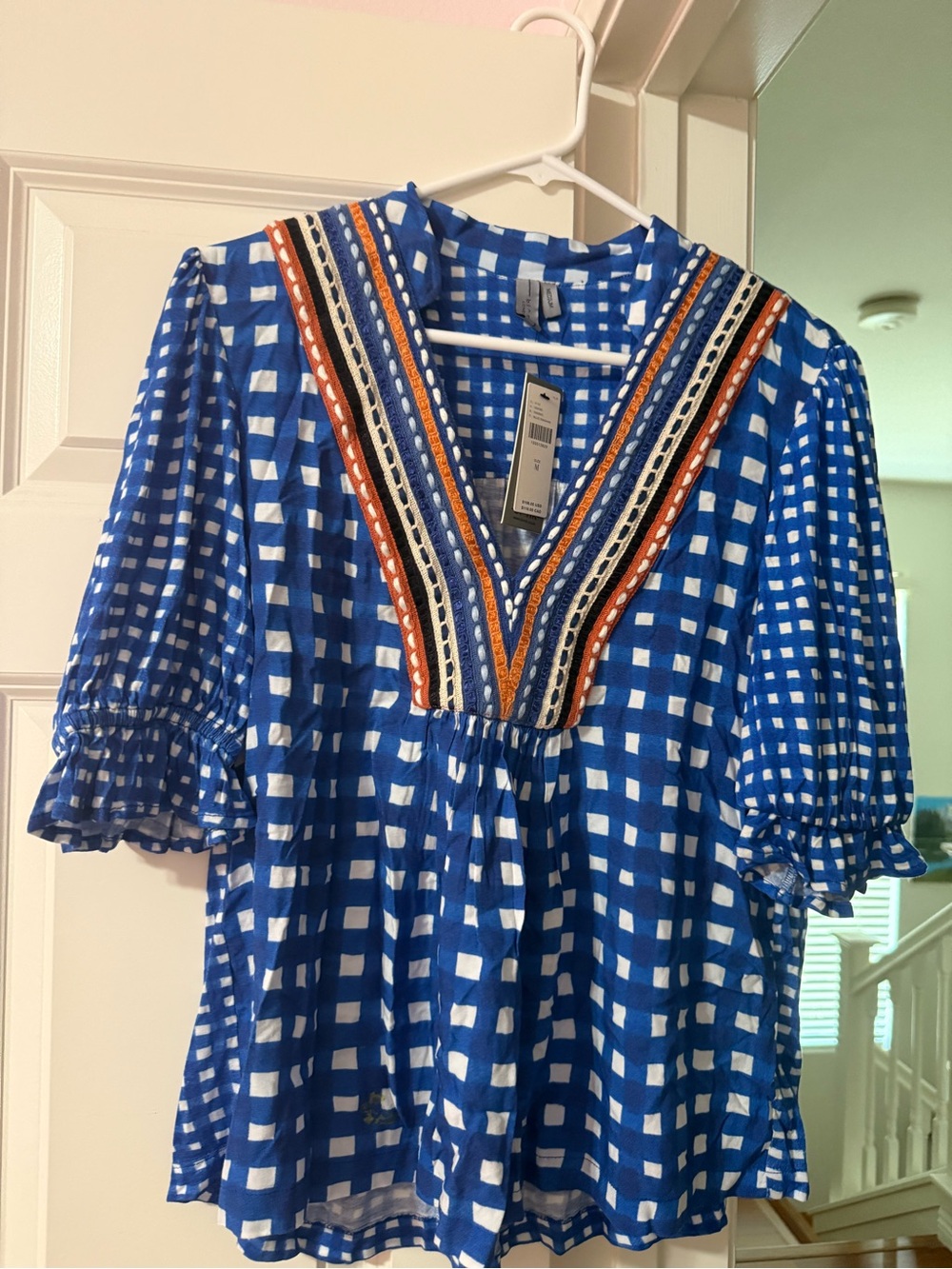 Anthropologie Blank London
Short Sleeve V Neck Floral
embroidered window pane